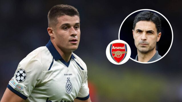 Club Brugge striker Nicolo Tresoldi next to the Arsenal badge and Gunners boss Mikel Arteta