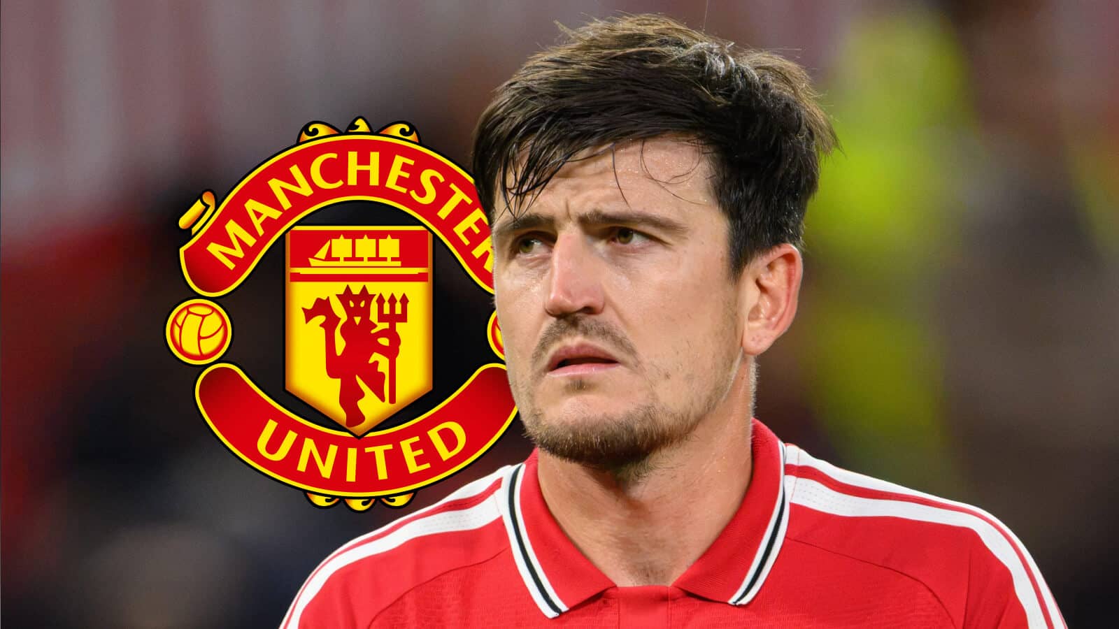 Manchester United badge next to Manchester United defender Harry Maguire - copyright TEAMtalk