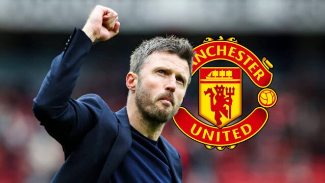 Manchester United manager Michael Carrick next to the Manchester United badge - copyright TEAMtalk