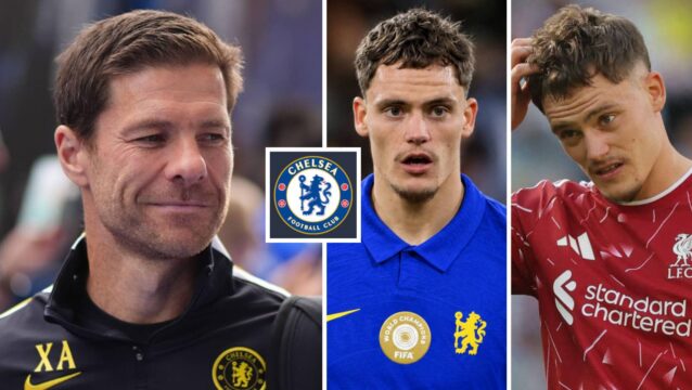 Chelsea manager Xabi Alonso next to Florian Wirtz with a Chelsea shirt Photoshopped on him and the same player in his usual Liverpool kit