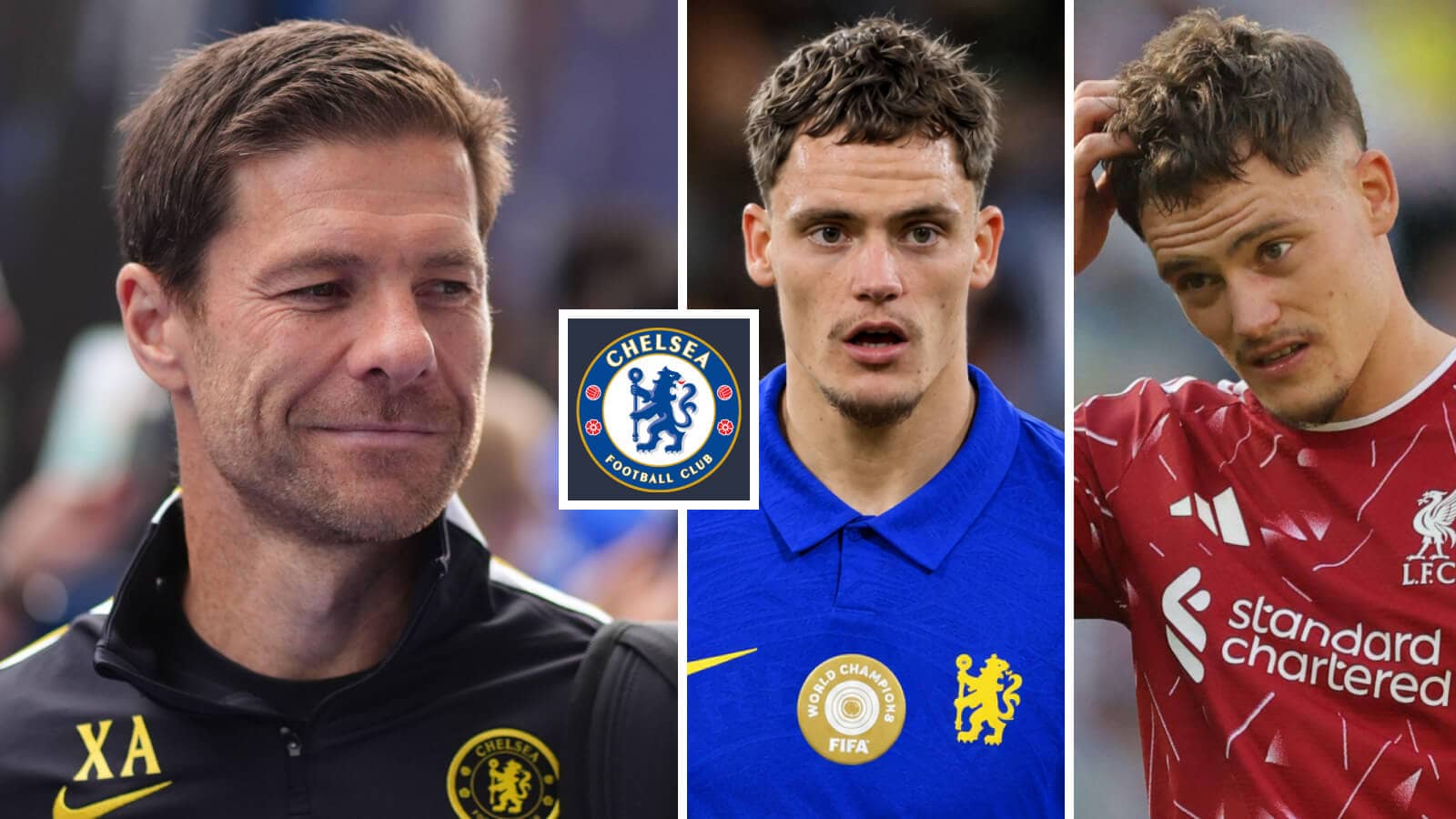 Chelsea manager Xabi Alonso next to Florian Wirtz with a Chelsea shirt Photoshopped on him and the same player in his usual Liverpool kit