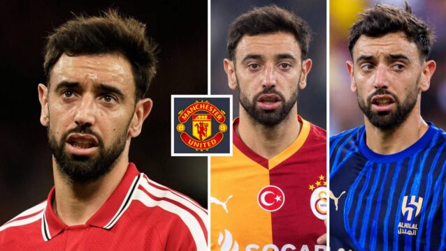 Manchester United captain Bruno Fernandes with shirts of Galatasaray and Al-Hilal Photoshopped on him