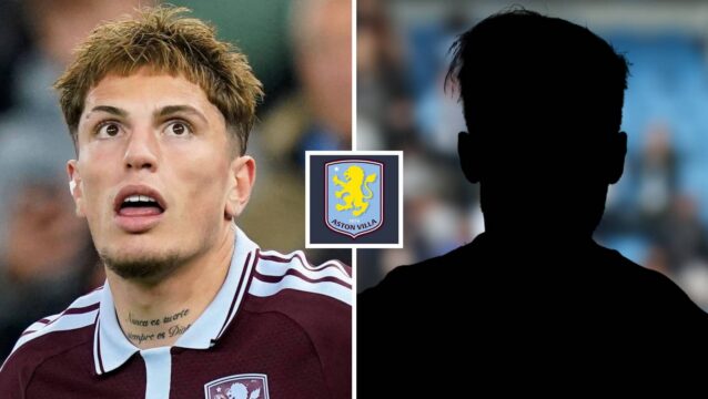 Split image of Chelsea-owned Aston Villa winger Alejandro Garnacho and a shadow, with the Aston Villa badge in between - copyright TEAMtalk