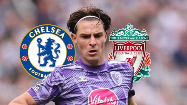 Alex Scott of Bournemouth is next to the Chelsea and Liverpool badges