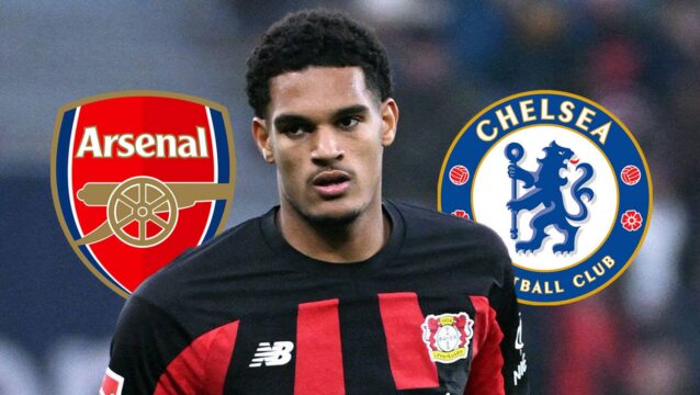 Jarell Quansah with Arsenal, Chelsea badges