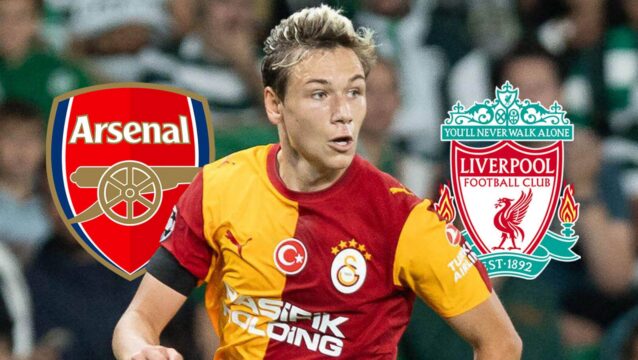 Aleksey Batrakov with Arsenal and Liverpool badges