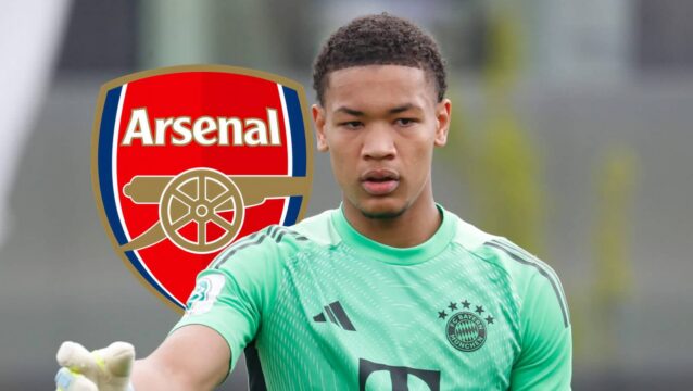 Bayern's Leonard Prescott with Arsenal badge