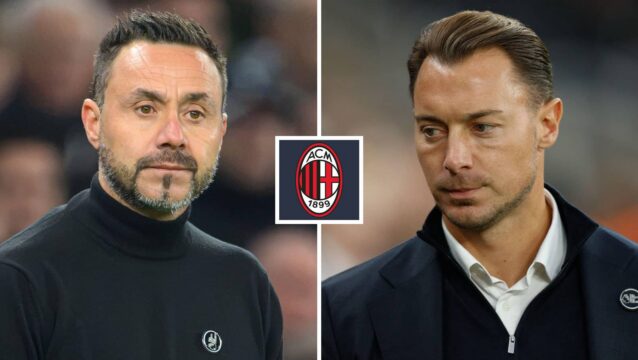 Tottenham manager Roberto De Zerbi, Newcastle manager Matthias Jaissle, AC Milan badge
