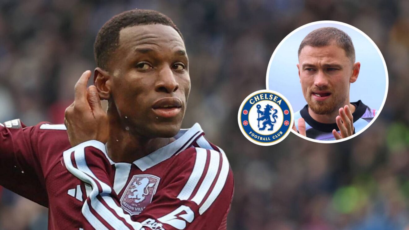 Aston Villa striker Nicolas Jackson, Chelsea badge and Matty Cash - copyright TEAMtalk