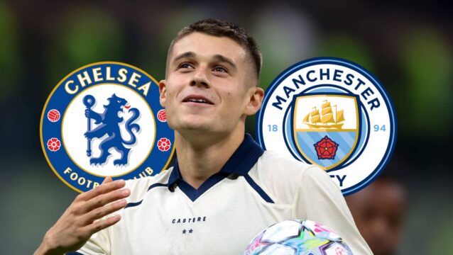 Club Brugge's Nicolo Tresoldi with Chelsea, Man City badges