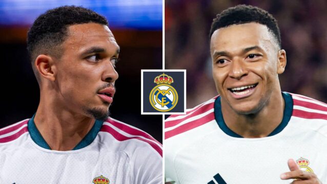 Split image of Real Madrid duo Trent Alexander-Arnold and Kylian Mbappe, with the Real Madrid badge in between - copyright TEAMtalk