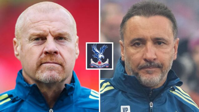 Sean Dyche and Vitor Pereira with a Crystal Palace badge