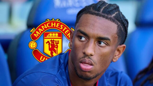 Manchester United badge and Barcelona left-back Alejandro Balde - copyright TEAMtalk