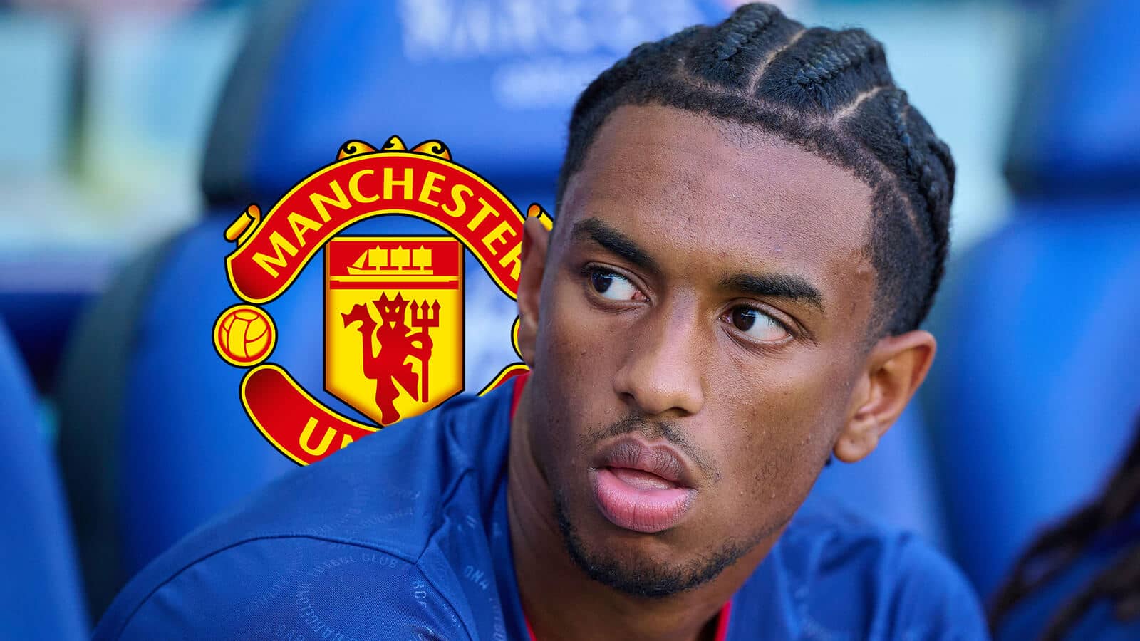 Manchester United badge and Barcelona left-back Alejandro Balde - copyright TEAMtalk
