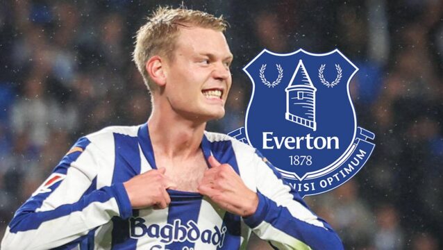 Orri Oskarsson with an Everton badge