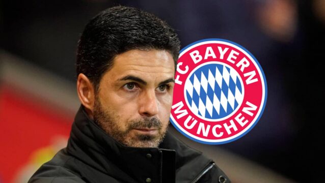 Arsenal manager Mikel Arteta, Bayern Munich badge