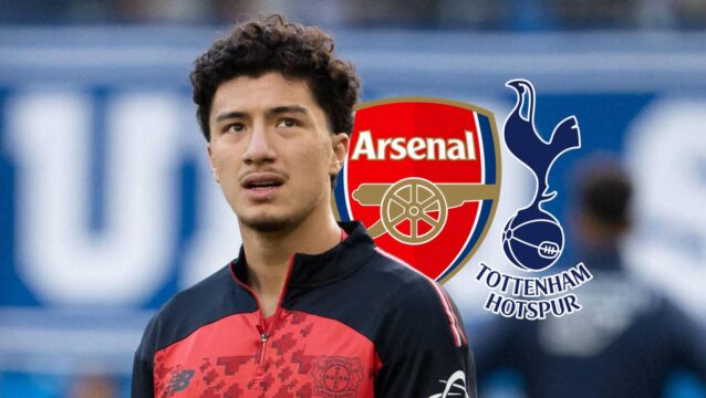 Ibrahim Maza with Arsenal and Tottenham badges