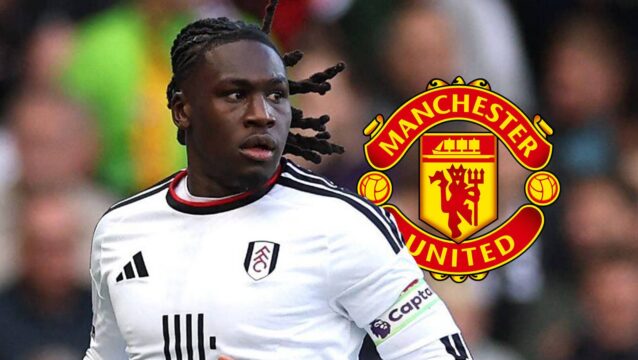 Fulham star Calvin Bassey with a Man Utd badge