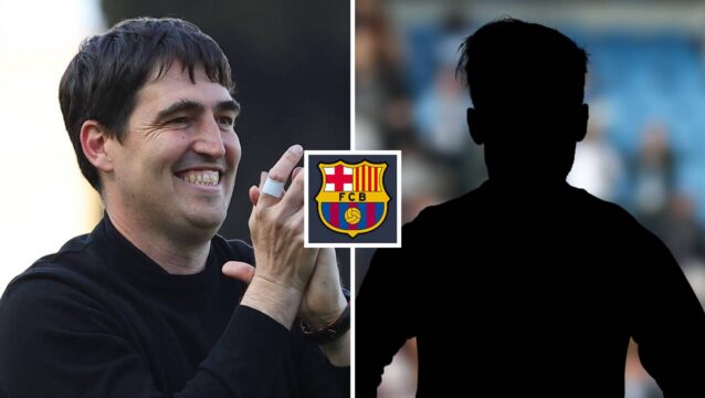 Liverpool manager Andoni Iraola, silhouette player, Barcelona badge